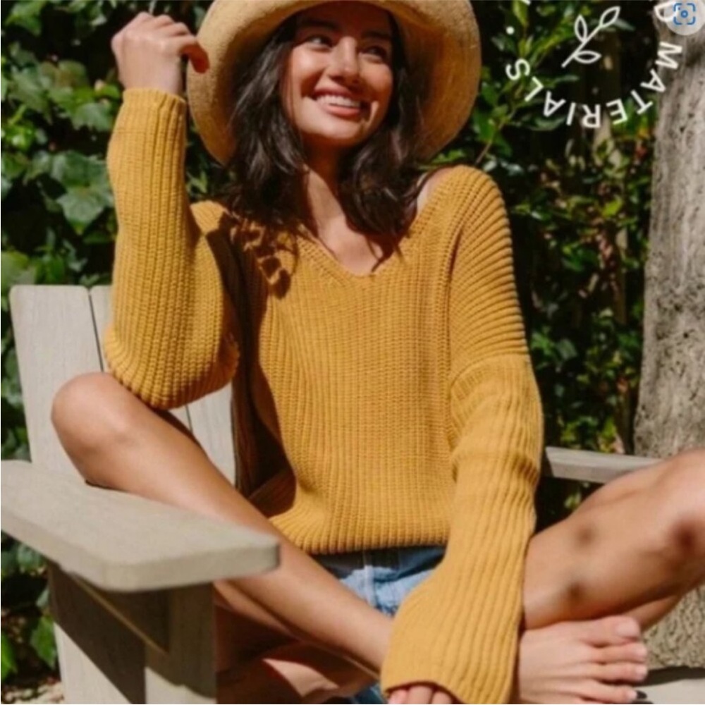 Jenni Kayne Organic Cotton Cabin Fisherman Oversized V Neck Cardigan In Mustard